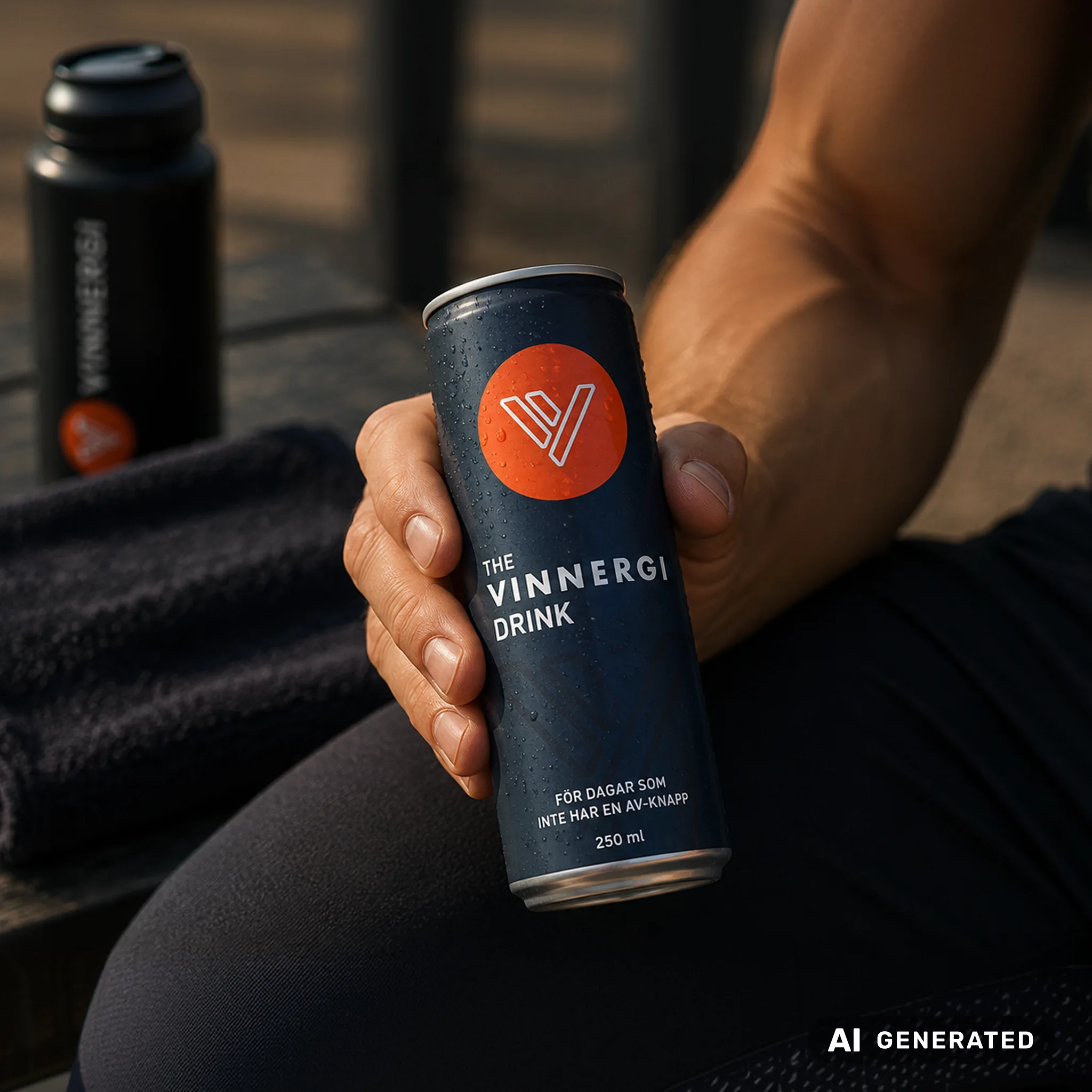 Hand h&aring;ller Vinnergi energidryck (250 ml) vid utomhusgym.